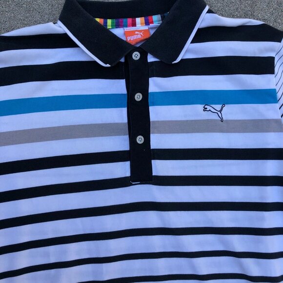 PUMA Striped Polo Shirt MEDIUM Short Sleeve Collar Mens - Picture 2 of 7